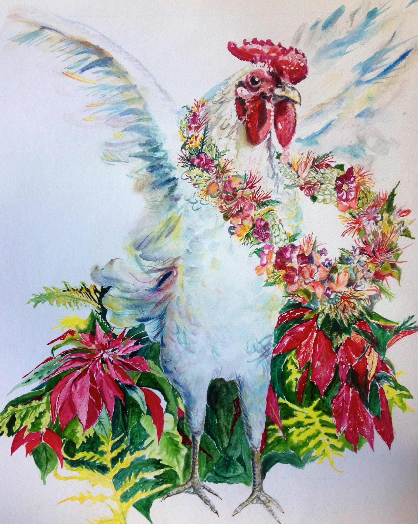 Rooster in Christmas Lei PRINT Framed on Watercolor Paper